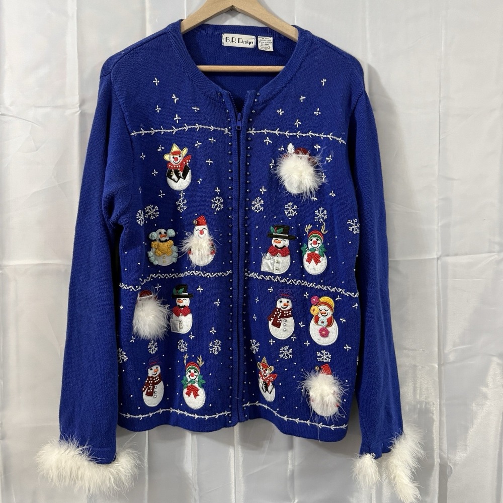 Ugly Christmas Sweater womens XL Zip Cardigan Blue snowman embroidered feathers*